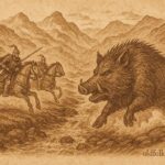 Parchment-style artwork of King Arthur’s knights chasing the magical boar Twrch Trwyth, Welsh folktale scene.”