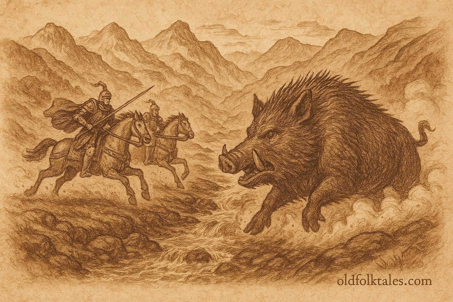 Parchment-style artwork of King Arthur’s knights chasing the magical boar Twrch Trwyth, Welsh folktale scene.”