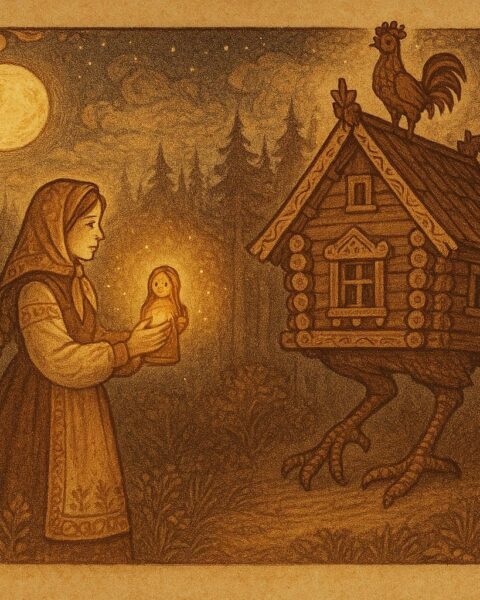 An artwork of Vasilisa before Baba Yaga’s hut in the forest, Russian folktale scene.