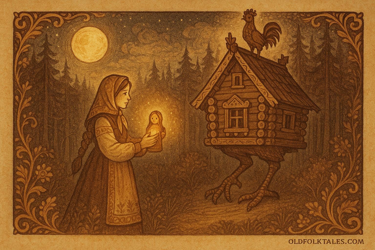 An artwork of Vasilisa before Baba Yaga’s hut in the forest, Russian folktale scene.