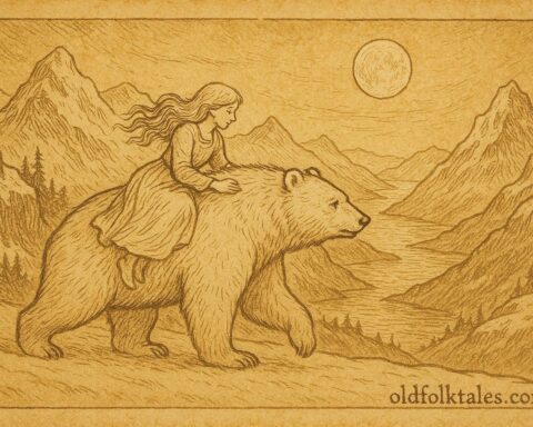 Parchment-style artwork of White-Bear-King Valemon carrying a princess through snow, Norwegian folktale scene.