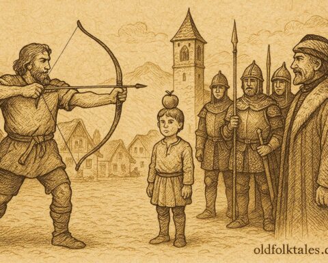 Parchment-style artwork of William Tell aiming at an apple on his son’s head, Swiss folktale scene.