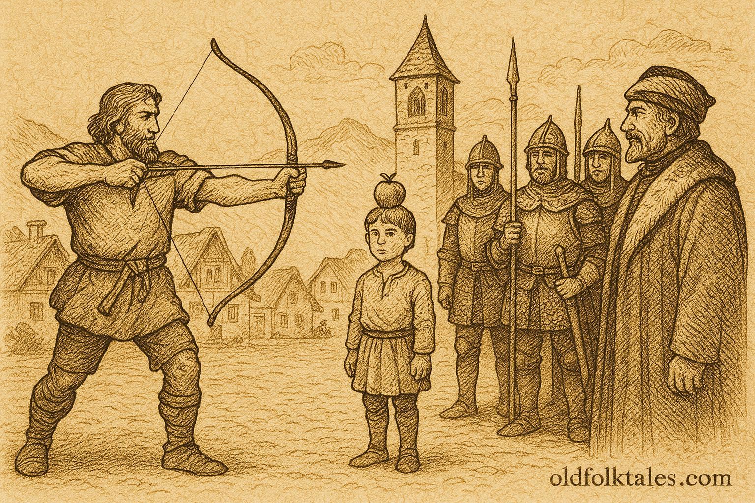 Parchment-style artwork of William Tell aiming at an apple on his son’s head, Swiss folktale scene.