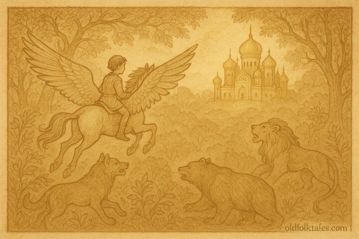Parchment-style artwork of a Romanian prince riding a winged horse toward a golden palace.
