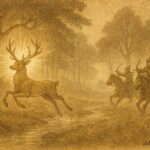 An illustration of the Enchanted Stag in a Hungarian forest, chasing hunters.