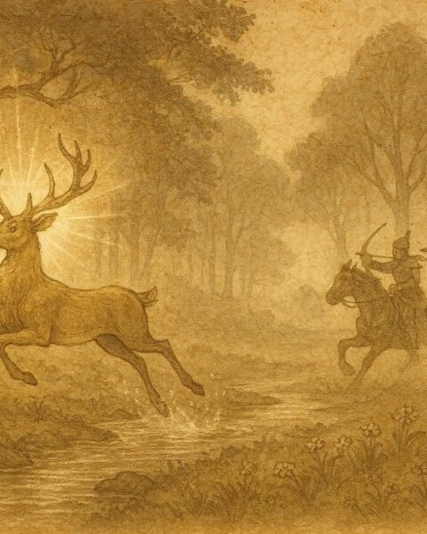 An illustration of the Enchanted Stag in a Hungarian forest, chasing hunters.