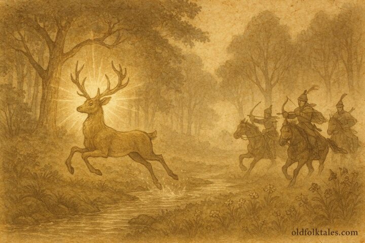 An illustration of the Enchanted Stag in a Hungarian forest, chasing hunters.