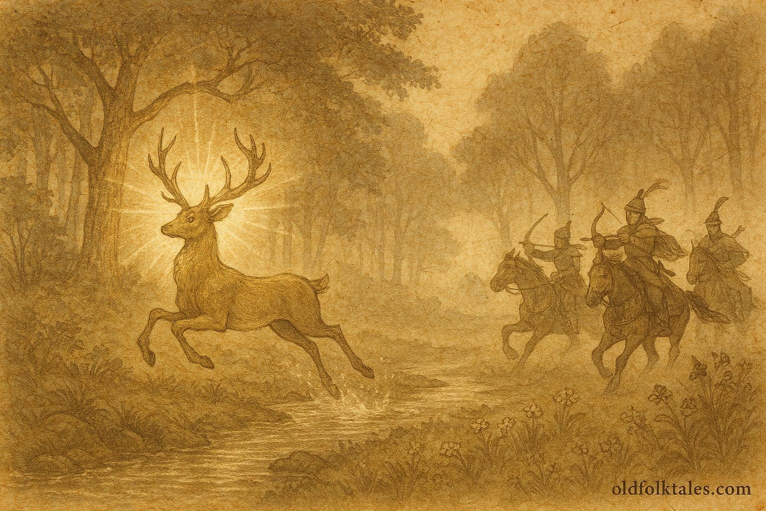 An illustration of the Enchanted Stag in a Hungarian forest, chasing hunters.
