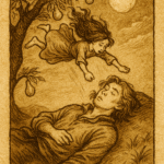 An illustration of the handless girl falling on the sleeping prince, Hungarian folktale scene.