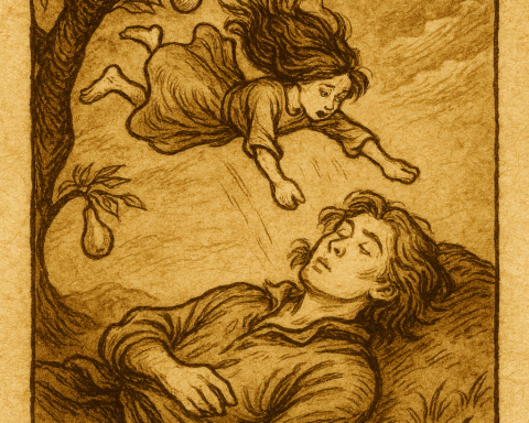An illustration of the handless girl falling on the sleeping prince, Hungarian folktale scene.