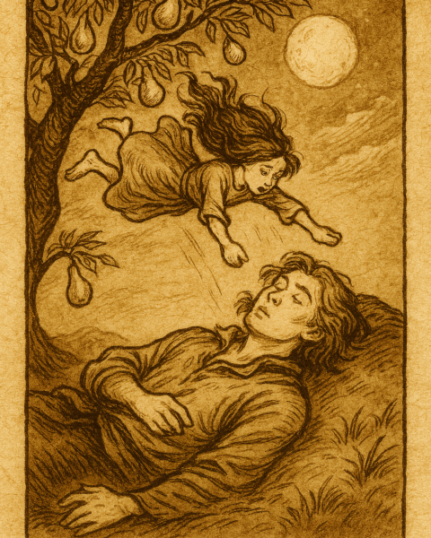 An illustration of the handless girl falling on the sleeping prince, Hungarian folktale scene.