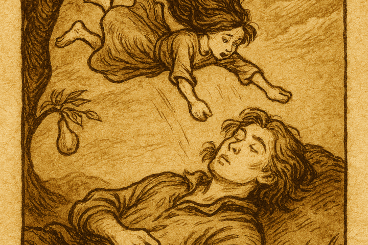 An illustration of the handless girl falling on the sleeping prince, Hungarian folktale scene.