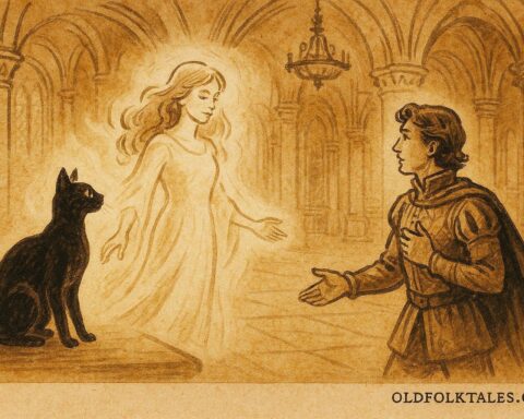 An illustration of enchanted cat transforming into a woman, Hungarian folktale scene.