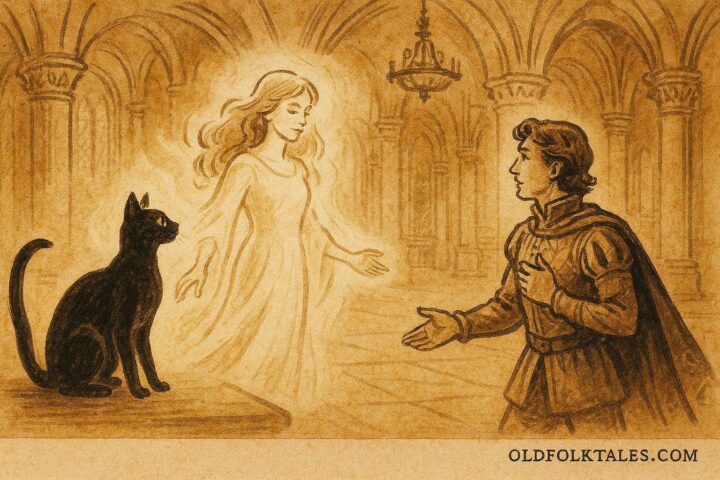 An illustration of enchanted cat transforming into a woman, Hungarian folktale scene.