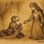 An artwork of the Albanian snake-child shedding skin, princess beside him, Albanian folktale scene.