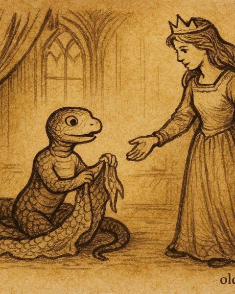 An artwork of the Albanian snake-child shedding skin, princess beside him, Albanian folktale scene.