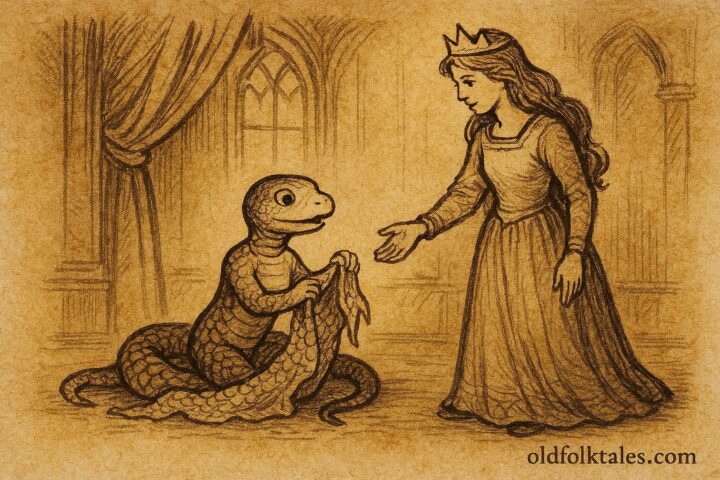 An artwork of the Albanian snake-child shedding skin, princess beside him, Albanian folktale scene.
