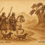 An illustration of Zjerma and Handa facing the seven-headed dragon, Albanian folktale scene.