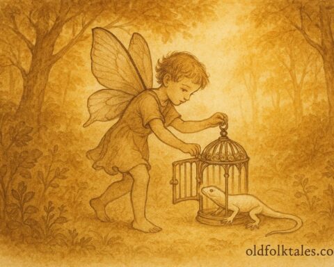 An illustration of Uletka freeing the white lizard, Hungarian folktale scene.