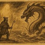 An illustration of the shepherd facing the Water Dragon at the lake, traditional Bosnian folktale scene.