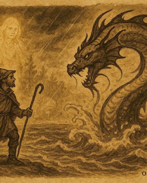 An illustration of the shepherd facing the Water Dragon at the lake, traditional Bosnian folktale scene.
