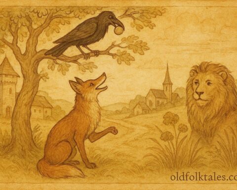 Parchment-style illustration of talking animals teaching moral lessons in French folklore.