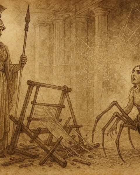 Parchment-style illustration of Arachne transformed into a spider before Athena, ancient Greek myth scene.