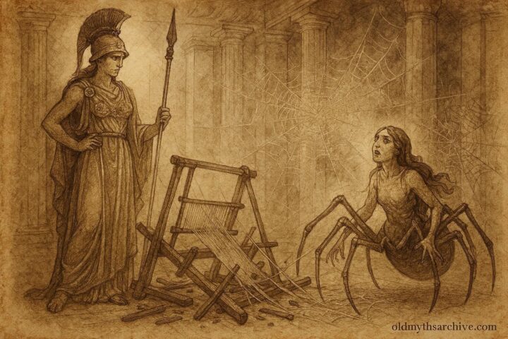 Parchment-style illustration of Arachne transformed into a spider before Athena, ancient Greek myth scene.
