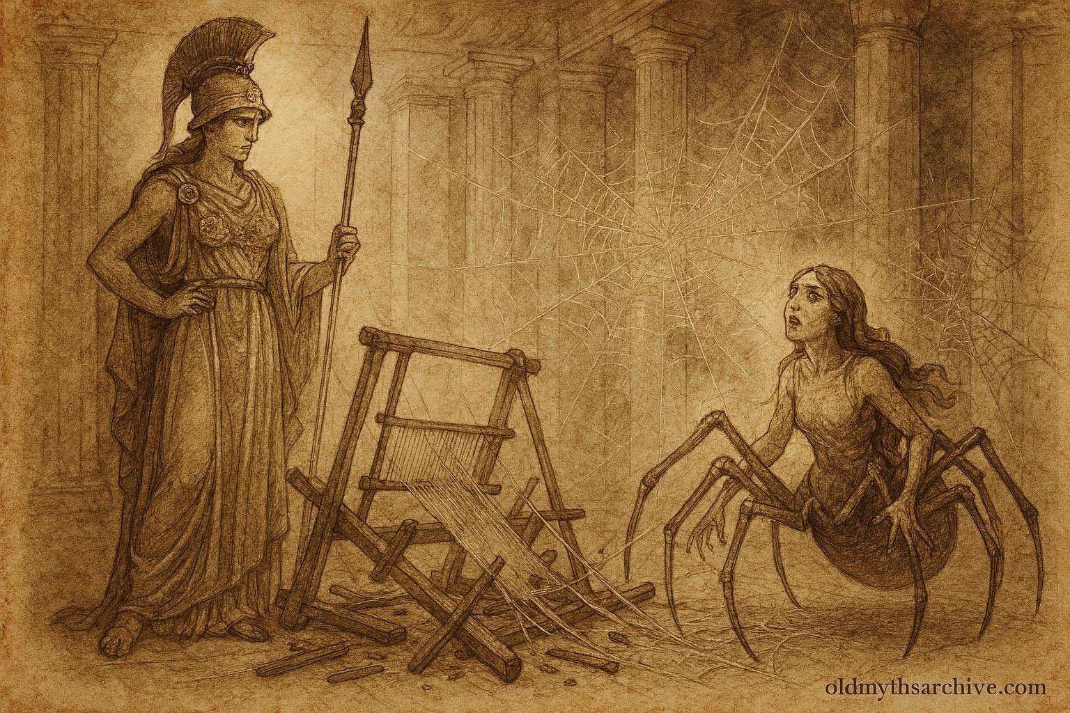Parchment-style illustration of Arachne transformed into a spider before Athena, ancient Greek myth scene.