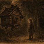 An illustration of Baba Yaga’s forest hut, Russian folktale scene.