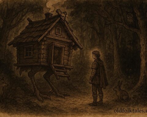 An illustration of Baba Yaga’s forest hut, Russian folktale scene.