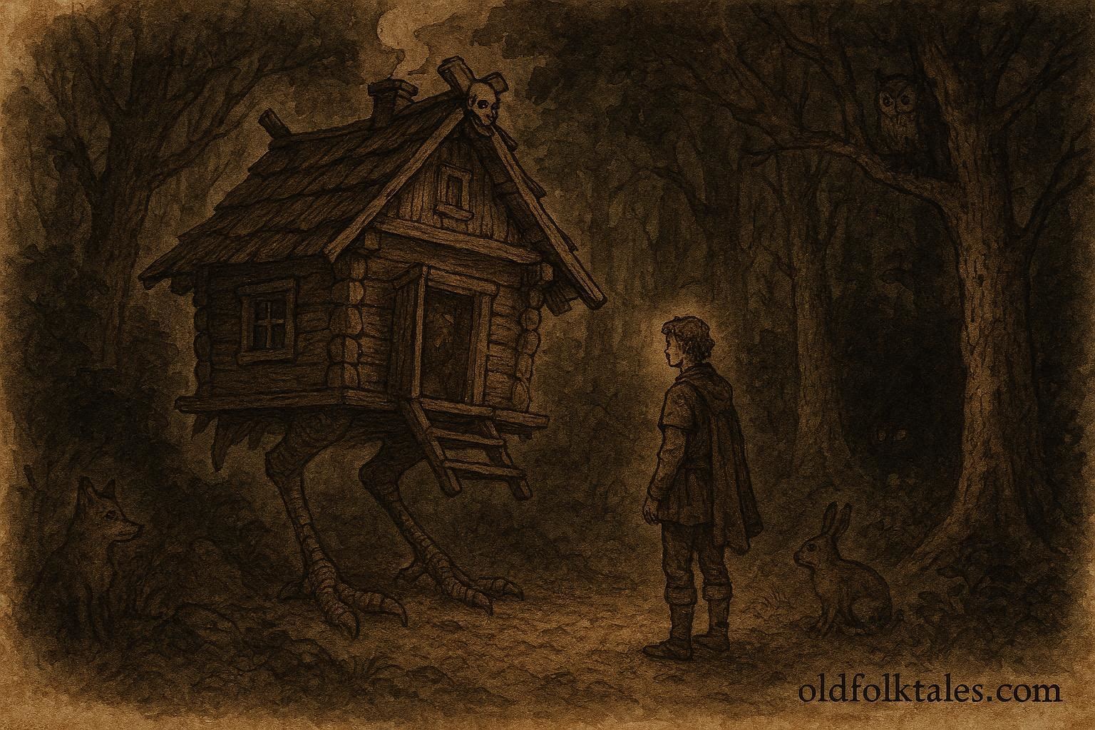 An illustration of Baba Yaga’s forest hut, Russian folktale scene.