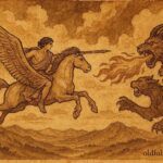 An illustration of Bellerophon riding Pegasus against the Chimera in Ancient Greek myth.