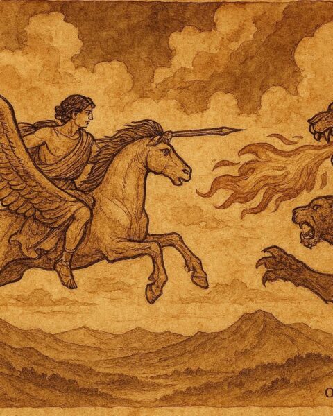 An illustration of Bellerophon riding Pegasus against the Chimera in Ancient Greek myth.
