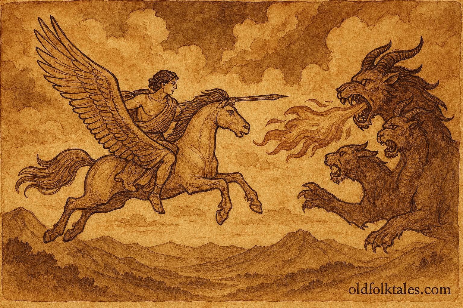 An illustration of Bellerophon riding Pegasus against the Chimera in Ancient Greek myth.