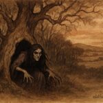 Parchment-style illustration of Black Annis near a hollow oak, English folktale from Leicestershire.