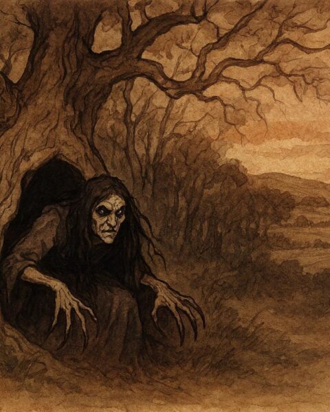 Parchment-style illustration of Black Annis near a hollow oak, English folktale from Leicestershire.