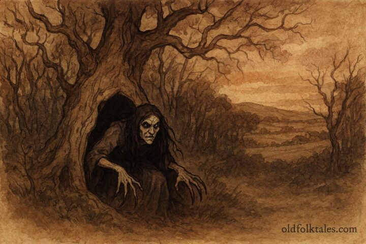 Parchment-style illustration of Black Annis near a hollow oak, English folktale from Leicestershire.
