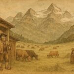 An illustration of Blüemlisalp meadow turning to ice, Swiss folktale scene.