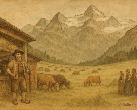 An illustration of Blüemlisalp meadow turning to ice, Swiss folktale scene.