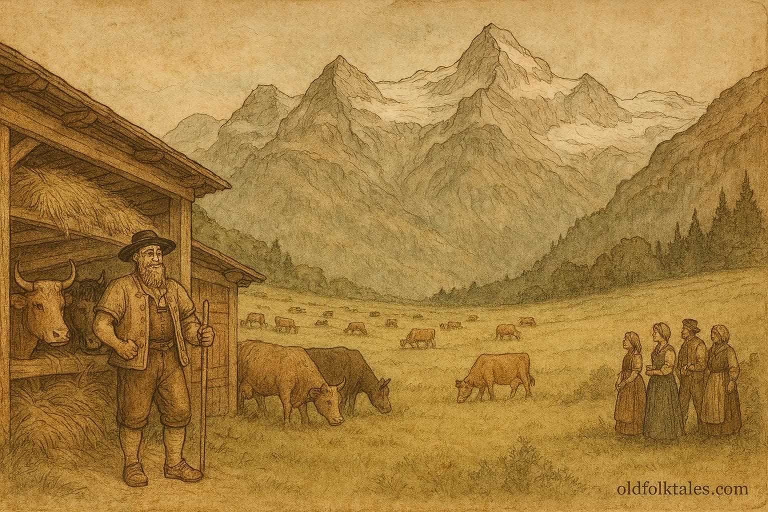 An illustration of Blüemlisalp meadow turning to ice, Swiss folktale scene.