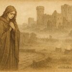 Parchment-style illustration of Branwen amid ruined castles and armies, Welsh folktale scene.