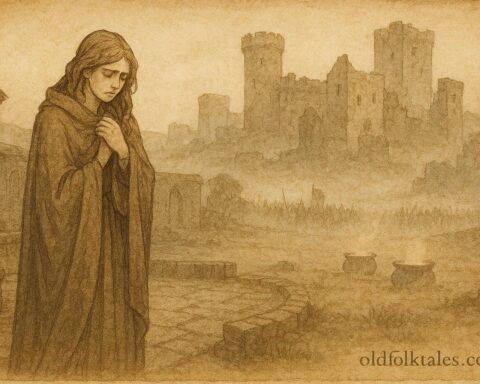 Parchment-style illustration of Branwen amid ruined castles and armies, Welsh folktale scene.