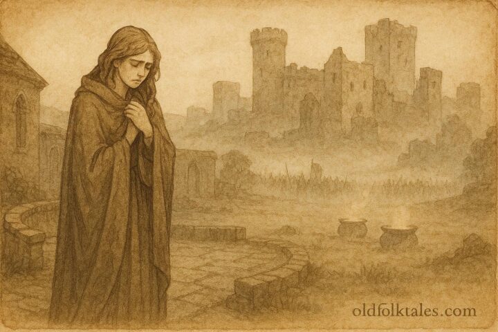 Parchment-style illustration of Branwen amid ruined castles and armies, Welsh folktale scene.