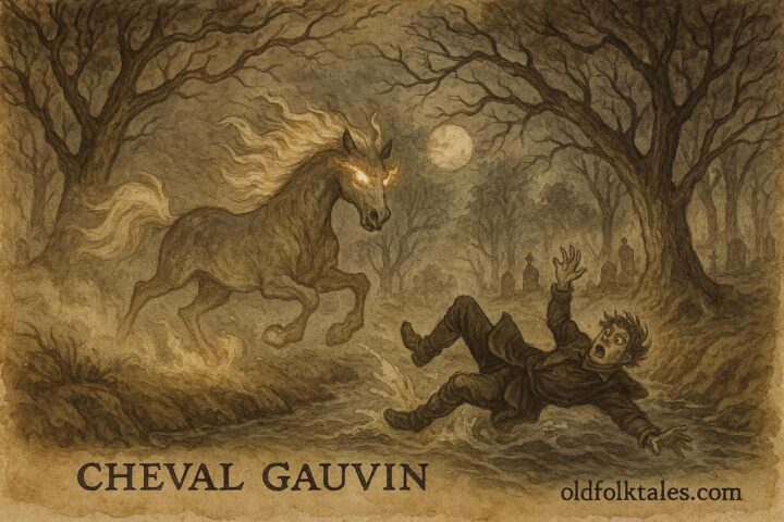 An illustration of Cheval Gauvin, phantom horse throwing a rider, Jura folktale scene.