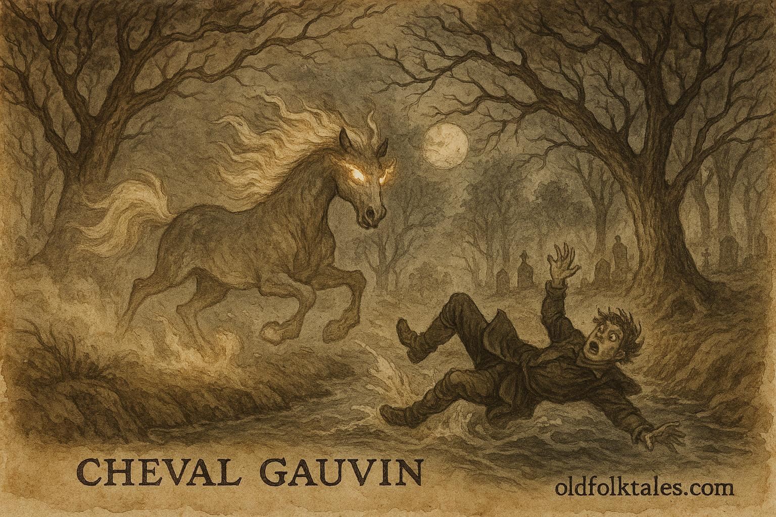An illustration of Cheval Gauvin, phantom horse throwing a rider, Jura folktale scene.