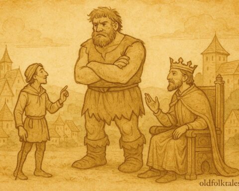 Parchment-style artwork of a clever peasant outwitting authority in French folktale tradition.