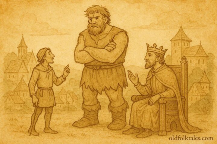 Parchment-style artwork of a clever peasant outwitting authority in French folktale tradition.