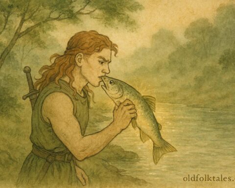Parchment-style illustration of young Cú Chulainn tasting the magical Salmon of Knowledge, Irish folktale scene.