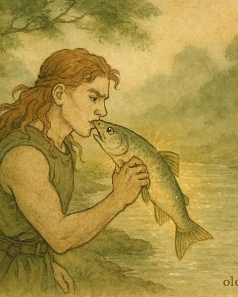 Parchment-style illustration of young Cú Chulainn tasting the magical Salmon of Knowledge, Irish folktale scene.
